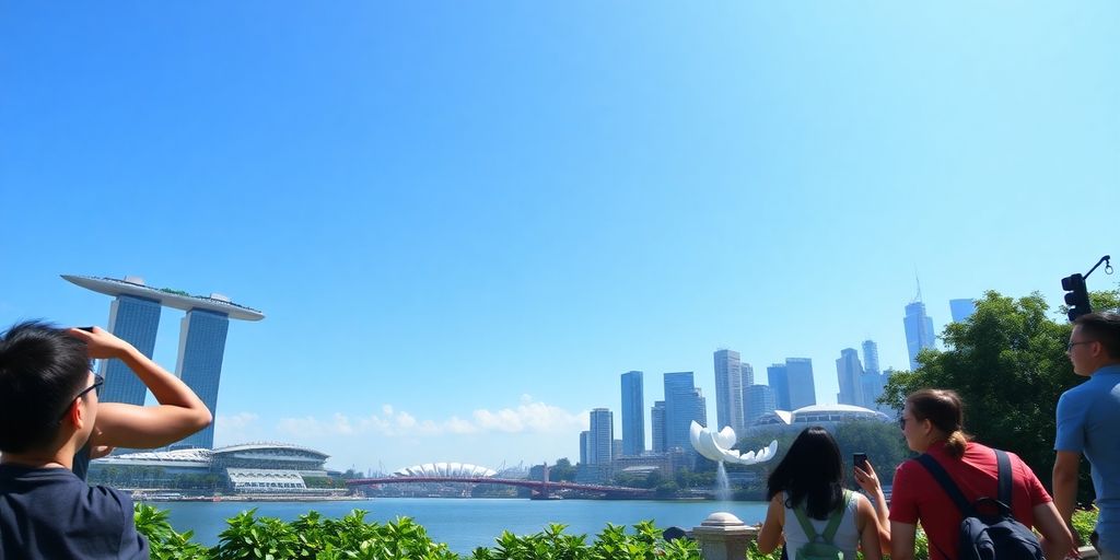 Singapore skyline with Marina Bay Sands and lush greenery.