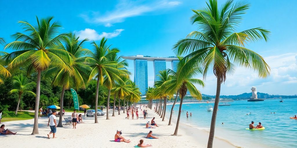 Colorful beach scene in Singapore with iconic landmarks.